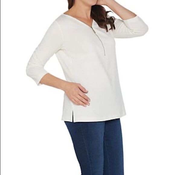 Belle Kim Gravel TripleLuxe Knit Silvertone Zip Top - Picture 2 of 5